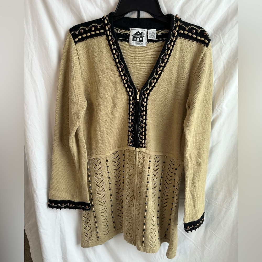 Storybook Knits Tan & Black Beaded Full Zip Knit Cardigan Size S